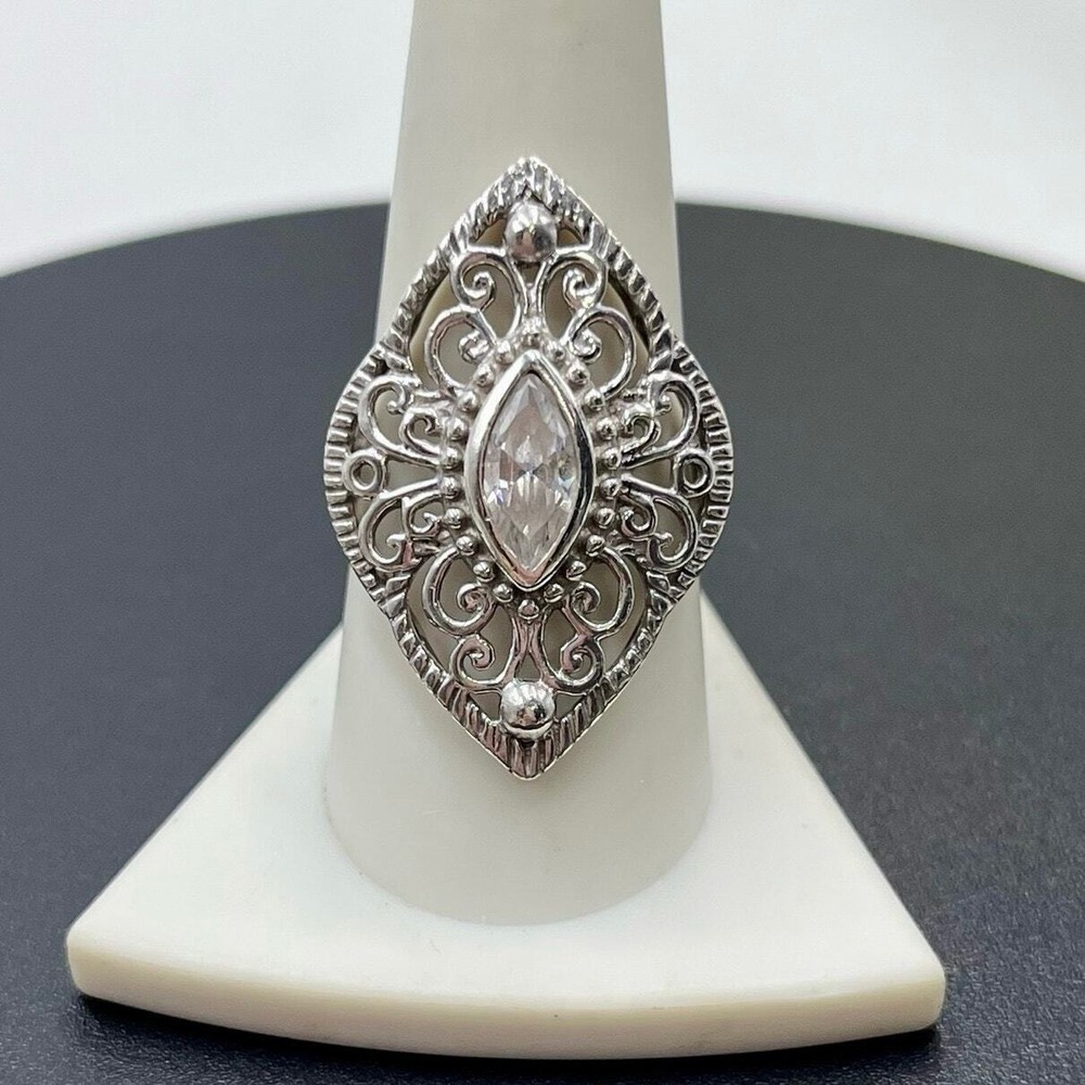 Sterling Silver DESIGNER Signed Marquise Cut White CZ Filigree Ring Size 9, 6.5g